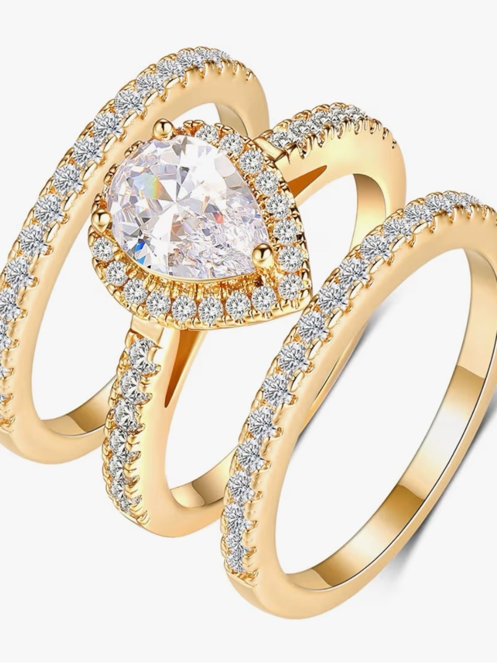 Gold Teardrop Cubic Zirconia Trio Ring Set - Elegant Women's Jewelry